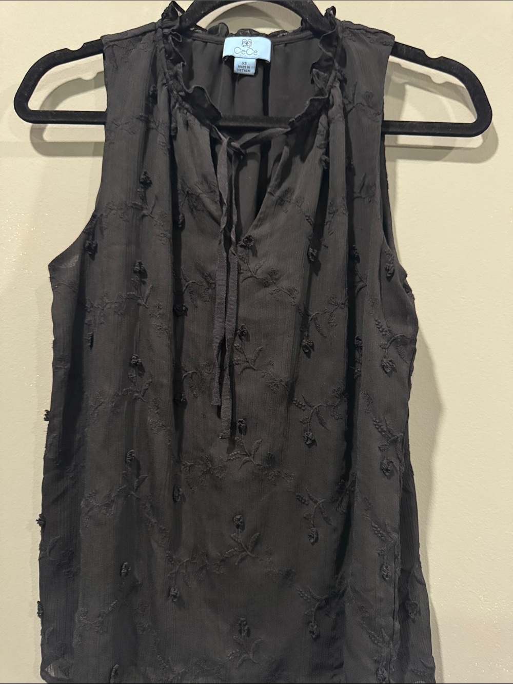 CeCe Black Ruffle-Trim Tie-Neck Blouse